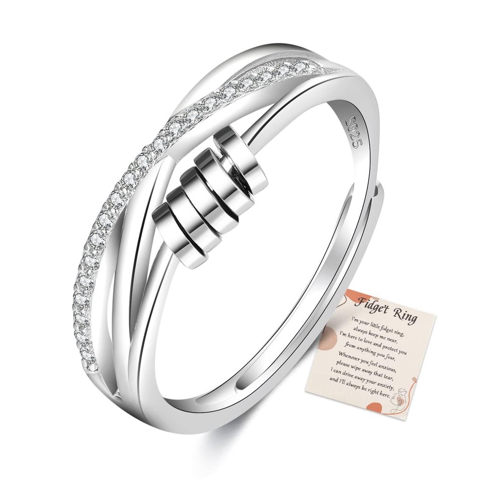 PABBEU Anxiety Ring for Women 925 Sterling Silver Fidget Ring With Cubic Zircon Adjustable Stress Spinner Anxiety Ring for Women