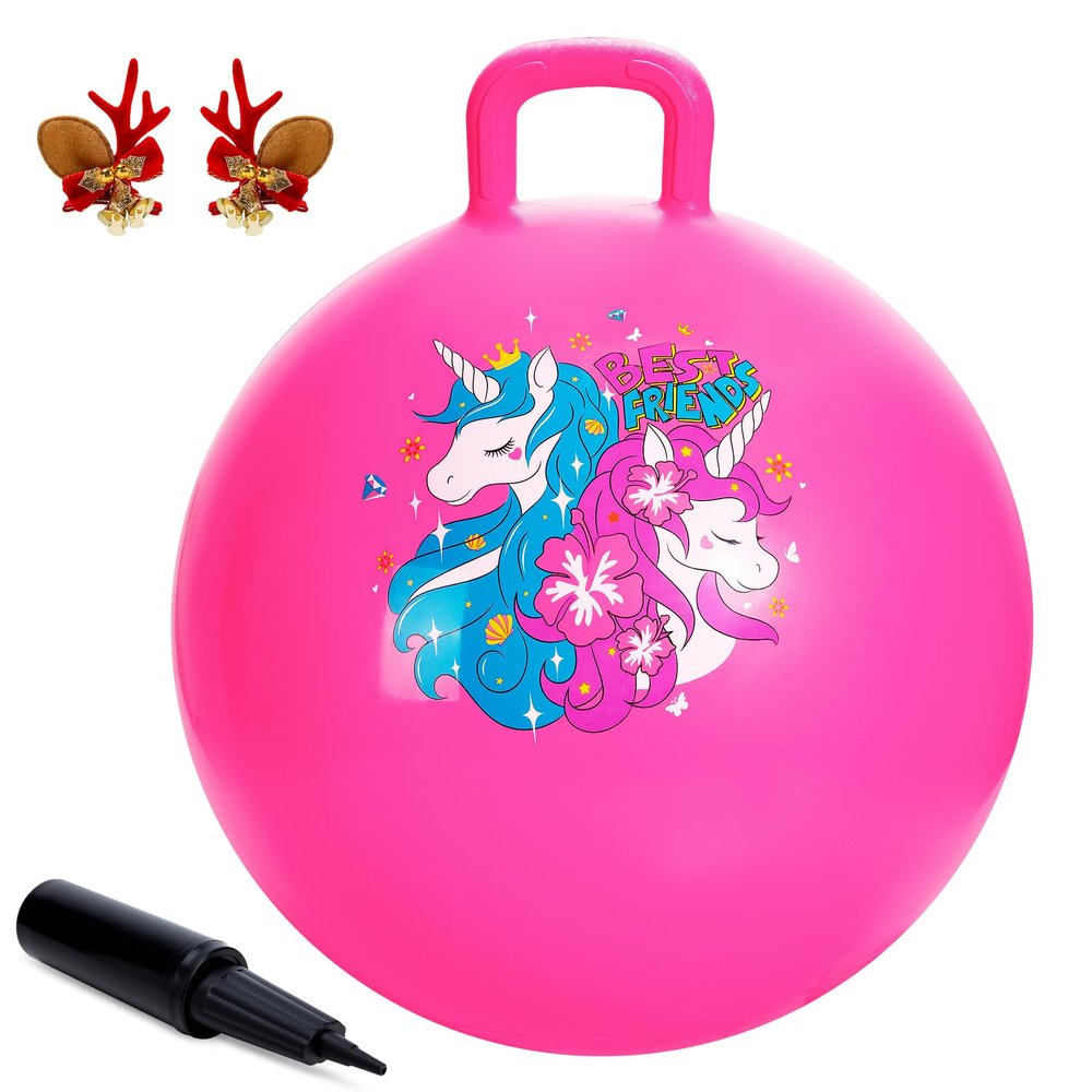 ZOOJOY Hopper Ball, Pink Bouncy Balls for Kids, 18 Inch Sit on Jumping Toys with Handle for Girls Gift Aged 3-8, Inflatable Unicorn Bounce Hopper Balls Toy with Pump
