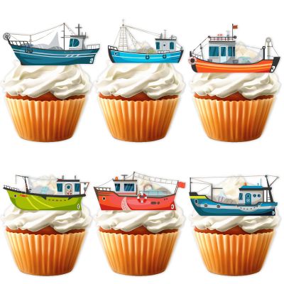 18pcs Blue Glitter Giant Ship Dessert Cupcake Topper Navigation Sea Transport Theme Decor Supplies Baby Shower Children Boy Girl Happy Birthday Party Decorations