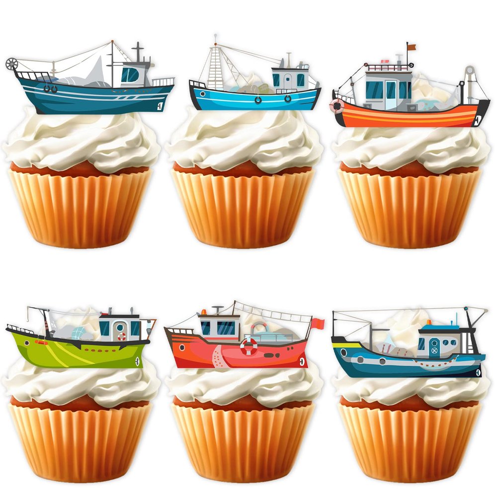 18pcs Blue Glitter Giant Ship Dessert Cupcake Topper Navigation Sea Transport Theme Decor Supplies Baby Shower Children Boy Girl Happy Birthday Party Decorations
