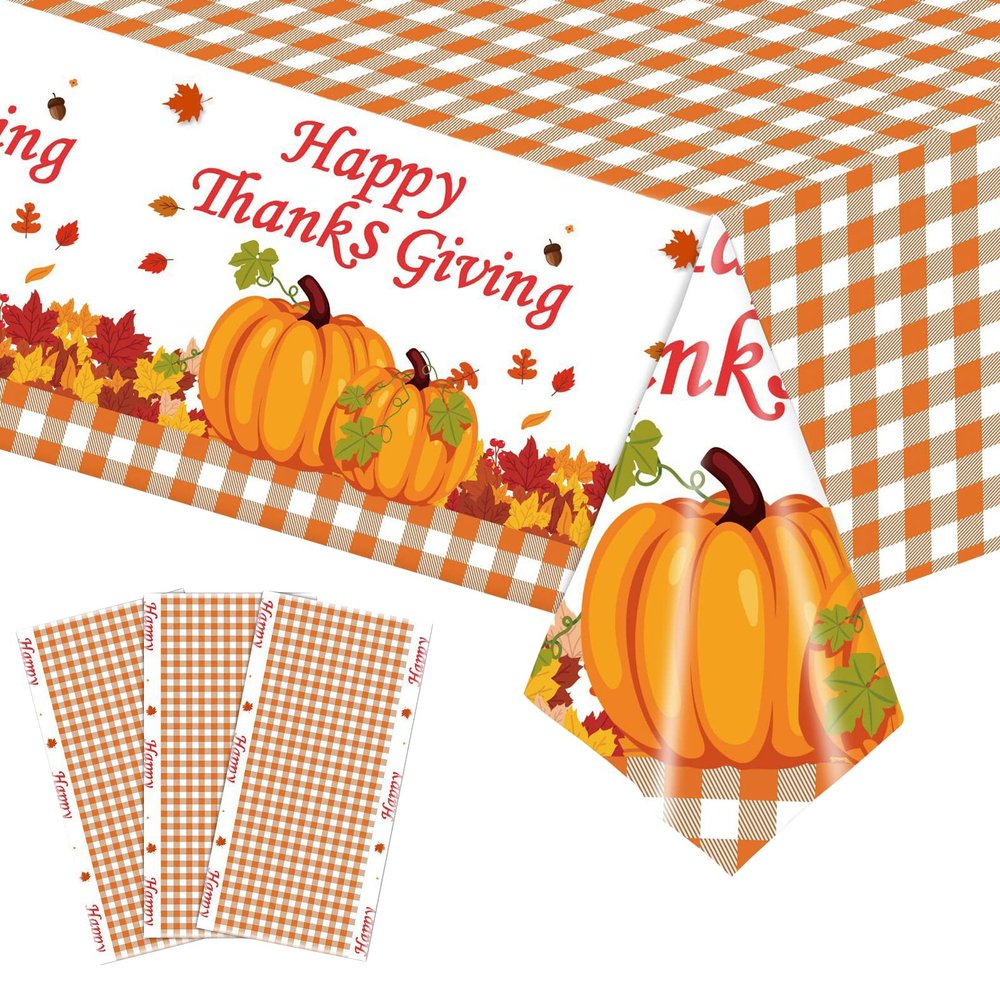 3PCS Thanksgiving Tablecloth Fall Tablecloth Rectangle Disposable Plastic Tablecloths Autumn Maple Leaves Pumpkin Table Cover for Thanksgiving Fall Harvest Party Holiday Dining Home Decor (54X108inch)