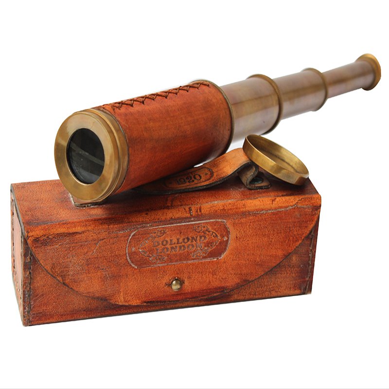 Antique Brass Telescope Orange Leather Case Dollond London 1920 Pirate Spyglass Vintage Handcrafted Collapsible Pirate Spyglass with Simple Leather Case, Nautical Gift