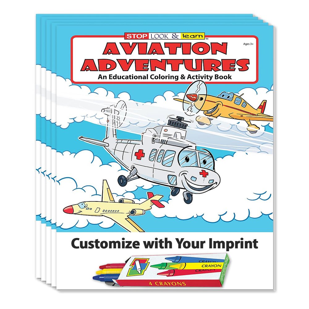 ZOCO Aviation Adventures and Flying Custom Educational Coloring Books (250 Bulk Pack, With Crayons) Airplanes, Pilots, Airlines Handout Games, Puzzles, Activities for Kids