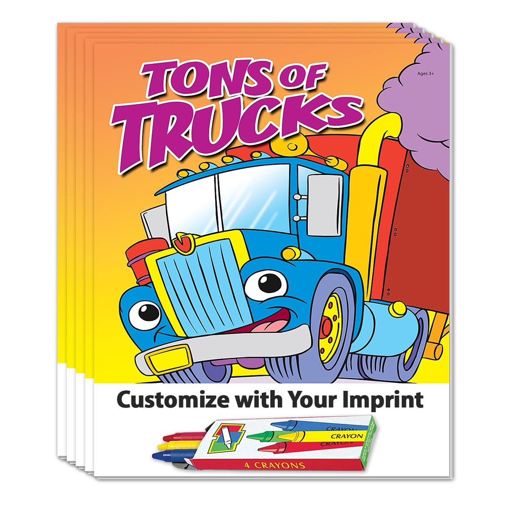 ZOCO Tons of Trucks Custom Coloring Books (250 Bulk Pack, With Crayons) Construction & Trucking Company Promotional Handout for Kids