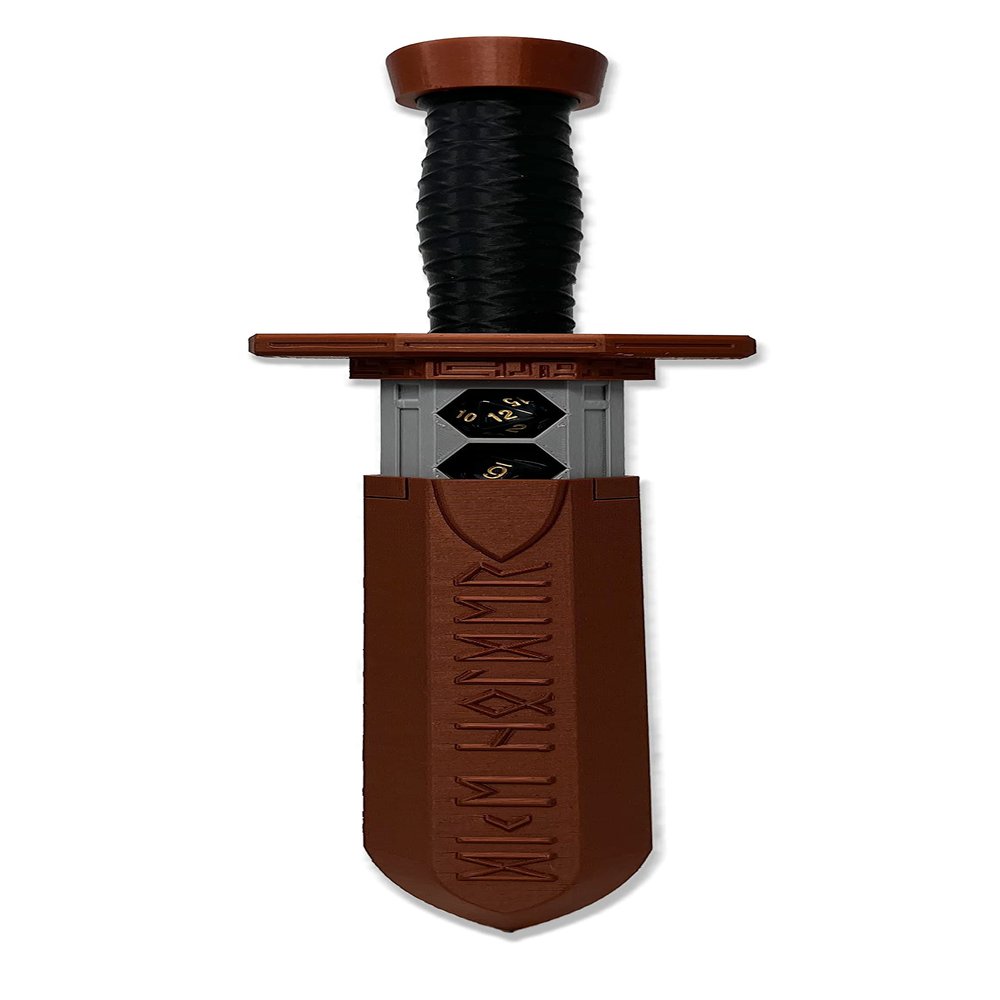 MunnyGrubbers - Sword Dagger Dice Holder - (Random 7PCS D20 Dice Set Included) - Custom Polyhedral Dice Storage for Tabletop RPG - Dungeons and Dragons - DND - D&D (Copper)