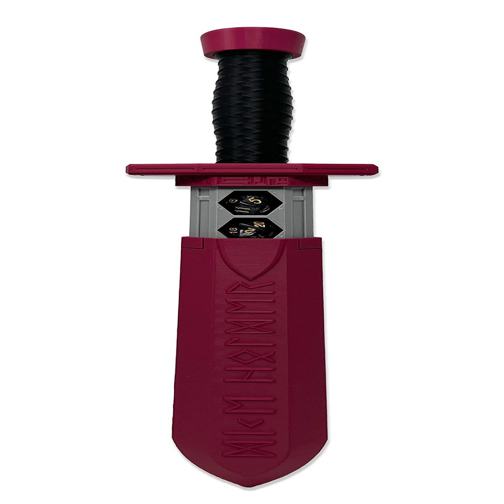 MunnyGrubbers - Sword Dagger Dice Holder - (Random 7PCS D20 Dice Set Included) - Custom Polyhedral Dice Storage for Tabletop RPG - Dungeons and Dragons - DND - D&D (Maroon)