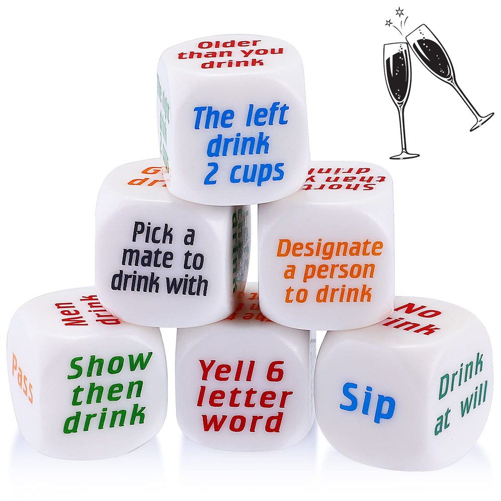 Hanaive 6 Pcs Drinking Dice Bar Rolling Decider Bachelorette Party Game Drunk Frenzy for Adults Party Family Friends Gathering Adult Favor Games(Basic Dice,White)