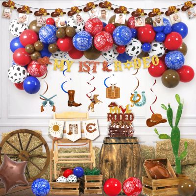 Fiesec My First Rodeo Decorations Boy, Western Cowboy 1st Birthday Party Decorations - Balloon Hanging Swirl Monthly Photo Highchair Banner Cake Topper