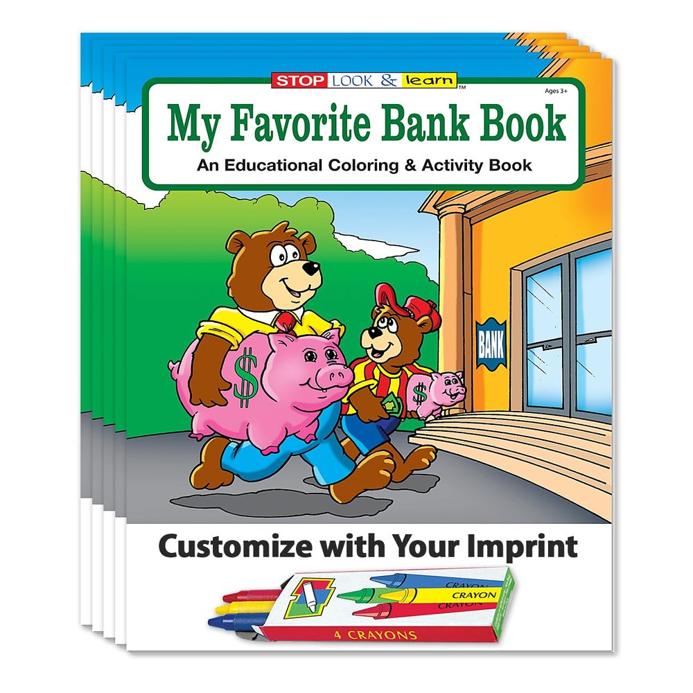 ZOCO My Favorite Bank Custom Coloring Books (250 Bulk Pack, with Crayons) Banking & Financial Education Handouts for Kids Add Your Imprint