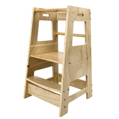 ECOMEX Toddler Standing Tower Kitchen Step Stool for Kids - Adjustable Height Learning Stool with Removable Safety Rail for Bedroom, Bathroom, Natural