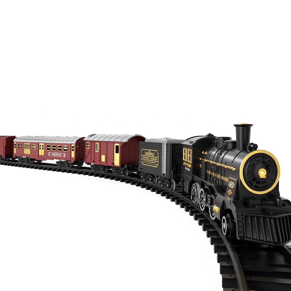 TEMI Train Set for Kids 3-12 Years, Electric Classical Steam Engine Locomotive with Steam, Light and Sounds, Rechargeable Model Trains Kit Toys w/Passenger Carriage for Boys and Girls