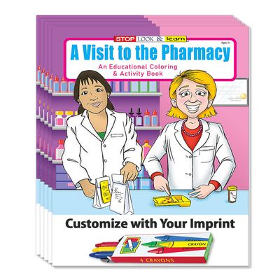 ZOCO  A Visit to The Pharmacy  Custom Promotional Coloring Books (250 Bulk Pack, with Crayons)  Activities, Games & Puzzles  Pharmacist Office Supplies & Safety Handout for Kids