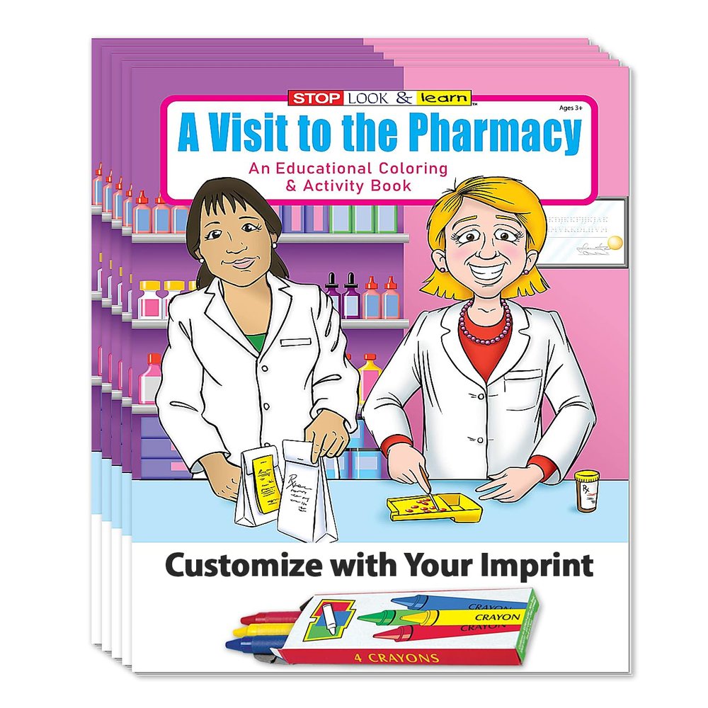 ZOCO  A Visit to The Pharmacy  Custom Promotional Coloring Books (250 Bulk Pack, with Crayons)  Activities, Games & Puzzles  Pharmacist Office Supplies & Safety Handout for Kids