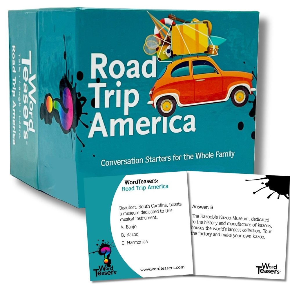 ? WORD TEASERS Road Trip America - Road Trip Game & Conversation Starter - Family Trivia Game About Places to Visit in The United States - Conversation Cards/Travel Car Games - 150 Questions