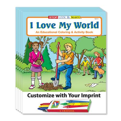 ZOCO I Love My World Custom Promotional Coloring Books for Kids (250 Bulk Pack, with Crayons) Earth Day Activities, Environmental Education, Games & Puzzles