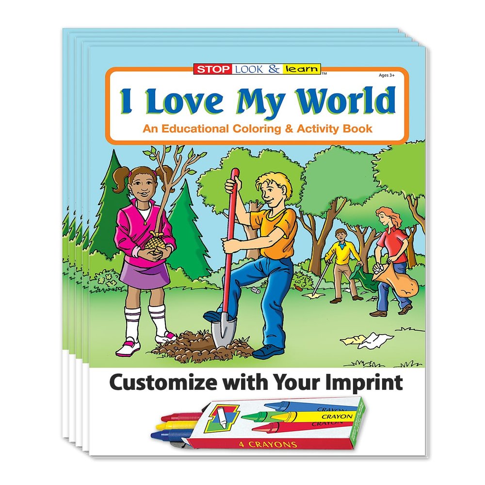 ZOCO I Love My World Custom Promotional Coloring Books for Kids (250 Bulk Pack, with Crayons) Earth Day Activities, Environmental Education, Games & Puzzles
