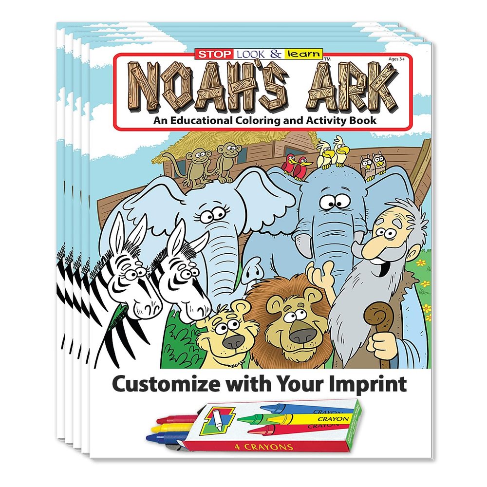 ZOCO  Noahs Ark  Custom Coloring Books for Kids (250 Bulk Pack, with Crayons)  Christian Religious Activity Books for Sunday School, VBS, CCD, Church Crafts and Events