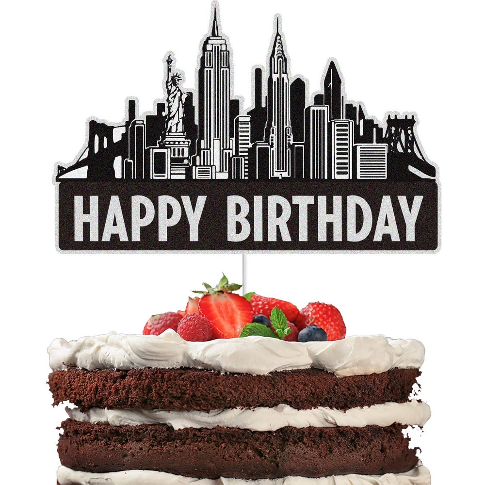KEWEYA New York City Cake Toppers Black Glitter NYC Cityscape Bday Party Cake Decor Scenic Building Images Lighted City Backdrop Party Decoration Supplies