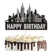 KEWEYA New York City Cake Toppers Black Glitter NYC Cityscape Bday Party Cake Decor Scenic Building Images Lighted City Backdrop Party Decoration Supplies view 3