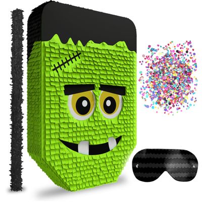 Cute Frankenstein Halloween Piata 3-piece Bundle for kids and adults, fits 2lbs of candy, perfect for Halloween party, spooky decorations, October birthday and party supplies