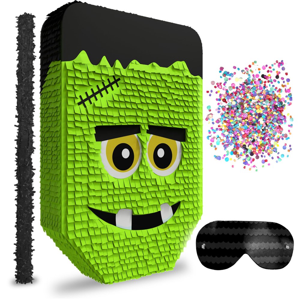Cute Frankenstein Halloween Piata 3-piece Bundle for kids and adults, fits 2lbs of candy, perfect for Halloween party, spooky decorations, October birthday and party supplies