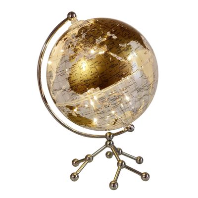 8'' World Globe, Clear Metal Globe with Built-in Gypsophila LED Strip for Home Decor, Office Desktop, Study Education and Night Light (Gold)