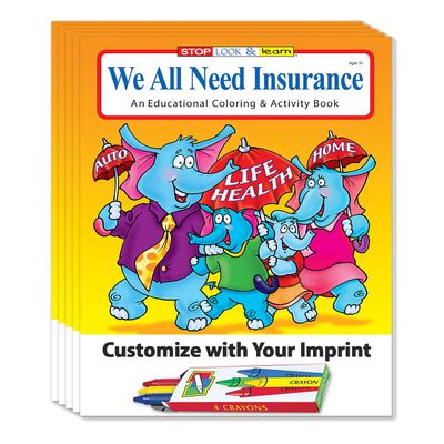 ZOCO We All Need Insurance Custom Promotional Coloring Books for Kids (250 Bulk Pack, With Crayons) Educational Handouts for Insurance Agents & Financial Planners