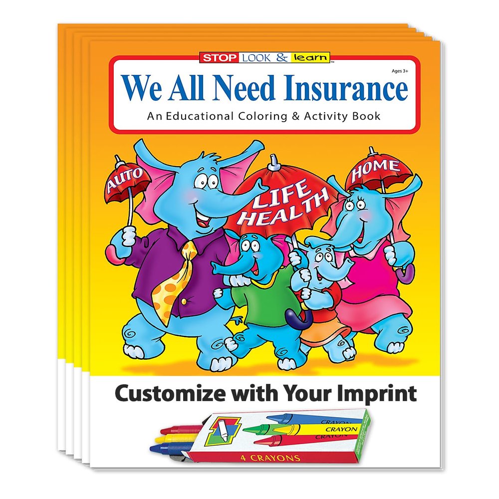 ZOCO We All Need Insurance Custom Promotional Coloring Books for Kids (250 Bulk Pack, With Crayons) Educational Handouts for Insurance Agents & Financial Planners