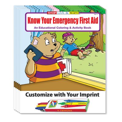 ZOCO Know Your Emergency First Aid Custom Coloring & Activity Books (250 Bulk Pack, with Crayons) Educational Safety Handout EMS Gifts for Kids