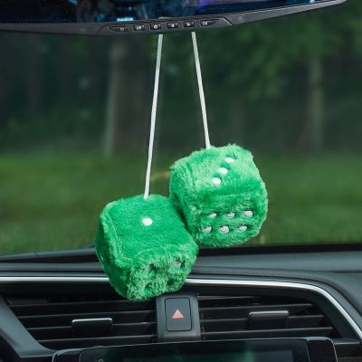 AuMoHall 2.95'' Retro Fuzzy Plush Dice Car Charm Square Rear View Mirror Hanging Ornament Accessories, Green