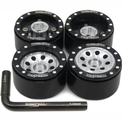 HOBBYSOUL Adjustable Offset 1.0 Beadlock Wheels Black Silver, Heavy 1.0 offset rc rims Wheels 21g/rim For 1/18 Traxxas TRX4M Axial SCX24 90081 & Other RC Micro Crawler Truck, (4-Pack)