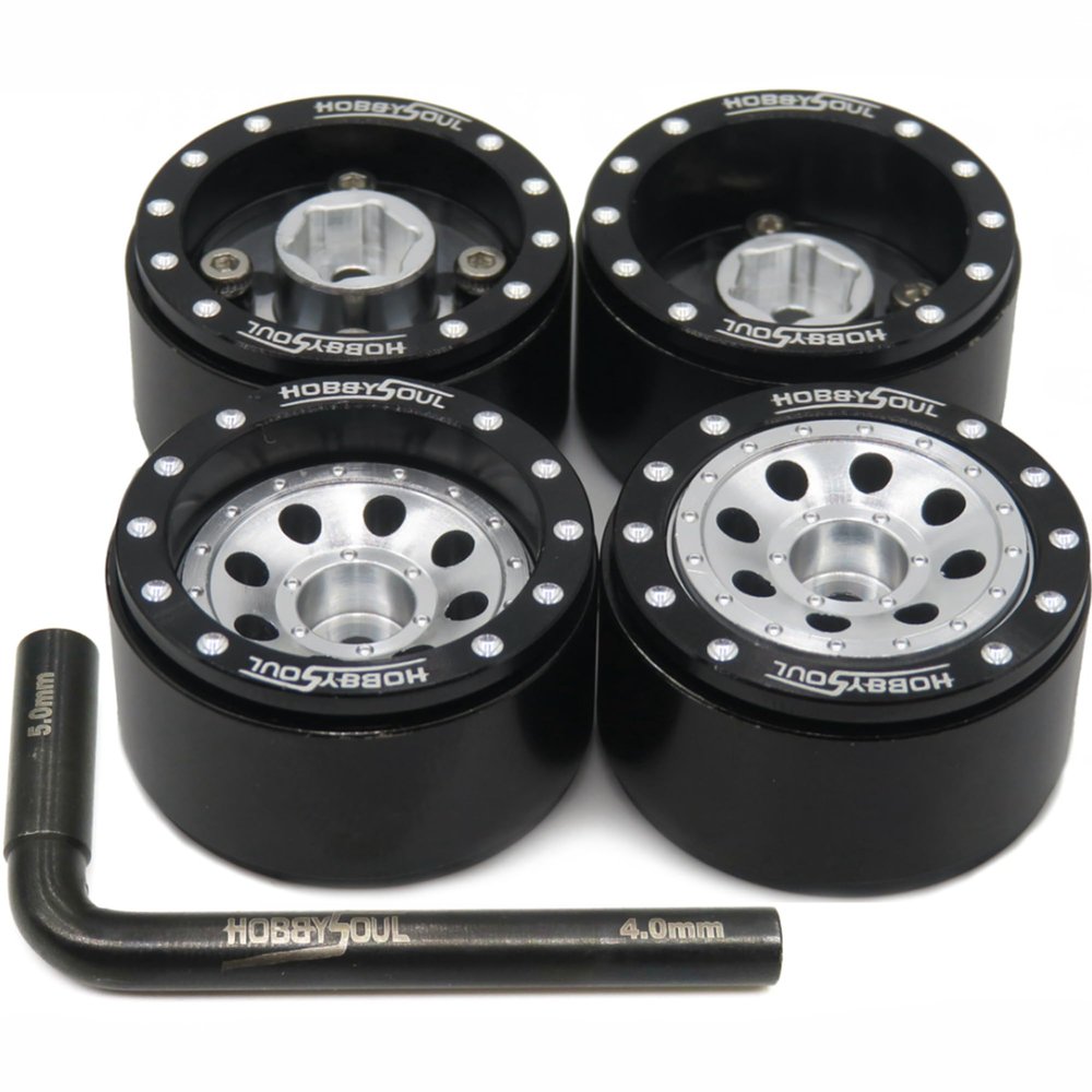 HOBBYSOUL Adjustable Offset 1.0 Beadlock Wheels Black Silver, Heavy 1.0 offset rc rims Wheels 21g/rim For 1/18 Traxxas TRX4M Axial SCX24 90081 & Other RC Micro Crawler Truck, (4-Pack)