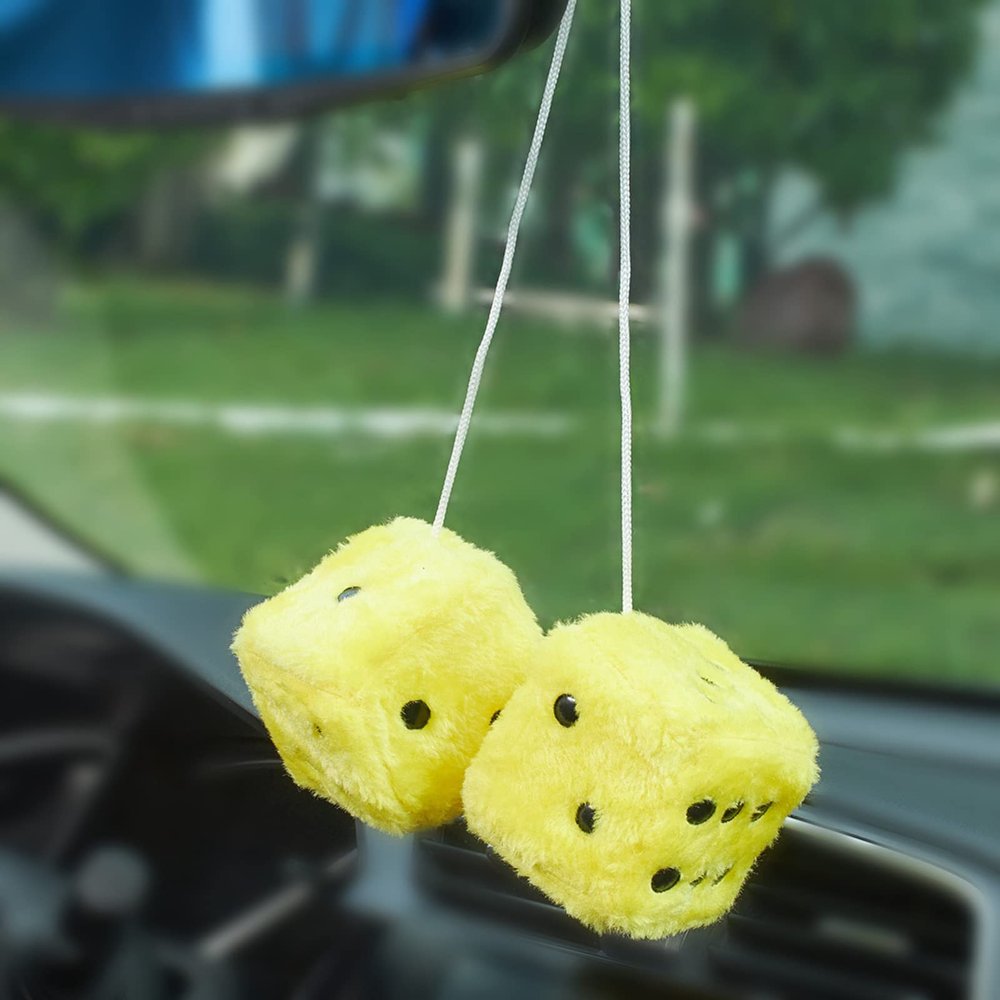 AuMoHall 2.95'' Retro Fuzzy Plush Dice Car Charm Square Plush Dice Car Rear View Mirror Hanging Ornament Vehicle Mirror Hanging Accessories, Yellow
