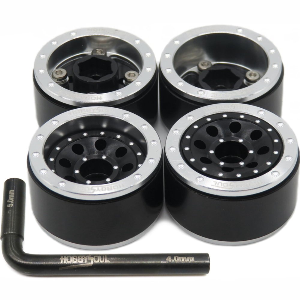 HOBBYSOUL Adjustable Offset 1.0 Beadlock Wheels Silver Black, Heavy 1.0 rc Wheels 21g/Rim for 1/18 Traxxas TRX4M Axial SCX24 90081 & Other 1/24 1/18 RC Crawler Truck, (4-Pack)
