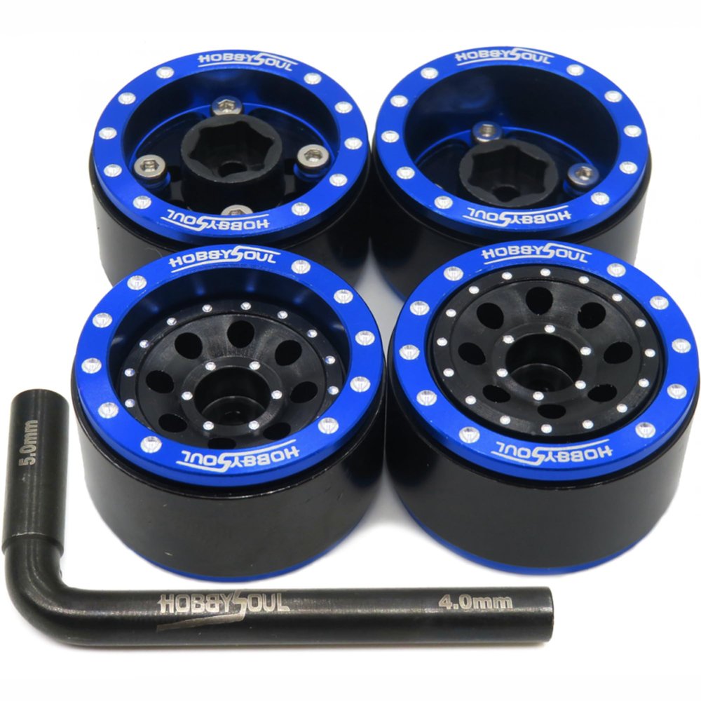 HOBBYSOUL Adjustable Offset 1.0 Beadlock Wheels Blue Black, Heavy 1.0 RC Crawler Rims Weight 21g/Rim 7mm Hex Rims for Axial SCX24 Crawler & Other 1/24 RC Crawler Car Truck, (4-Pack)