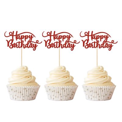 Rsstarxi 24 Pack Happy Birthday Cupcake Toppers Glitter Cupcake Food Picks for Celebrating Theme Party Cake Decorations Supplies Red