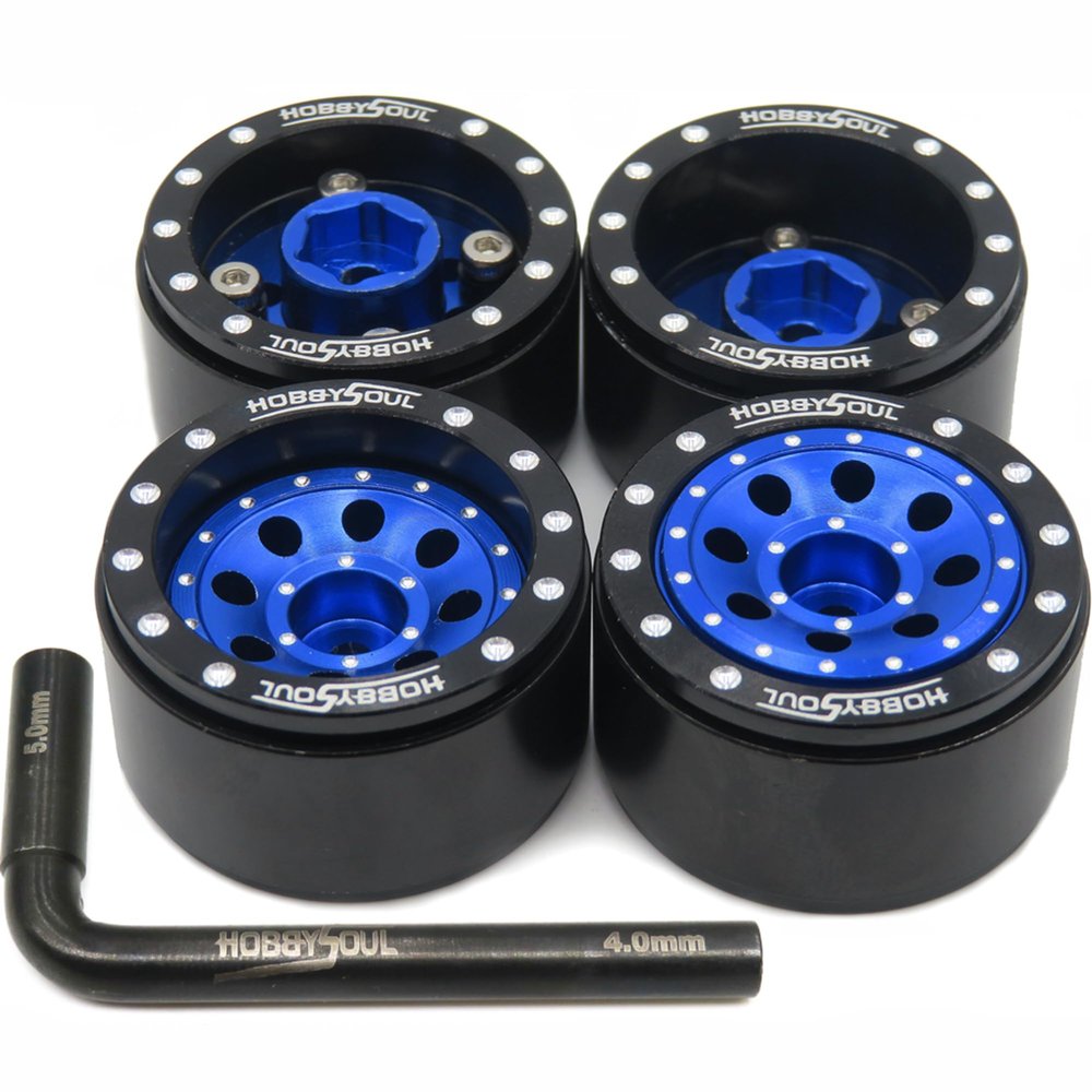hobbysoul Adjustable Offset RC 1.0 Wheels Weight 21g/Rim, Heavy 1.0 Beadlock Wheels Black Blue Rims for 1/18 Traxxas TRX4M Axial SCX24 90081 & Other 1/24 1/18 RC Crawler Truck, (4-Pack)