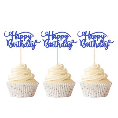 Rsstarxi 24 Pack Happy Birthday Cupcake Toppers - Glitter Food Picks for Celebrating Theme Party Cake Decorations Supplies - Deep Blue