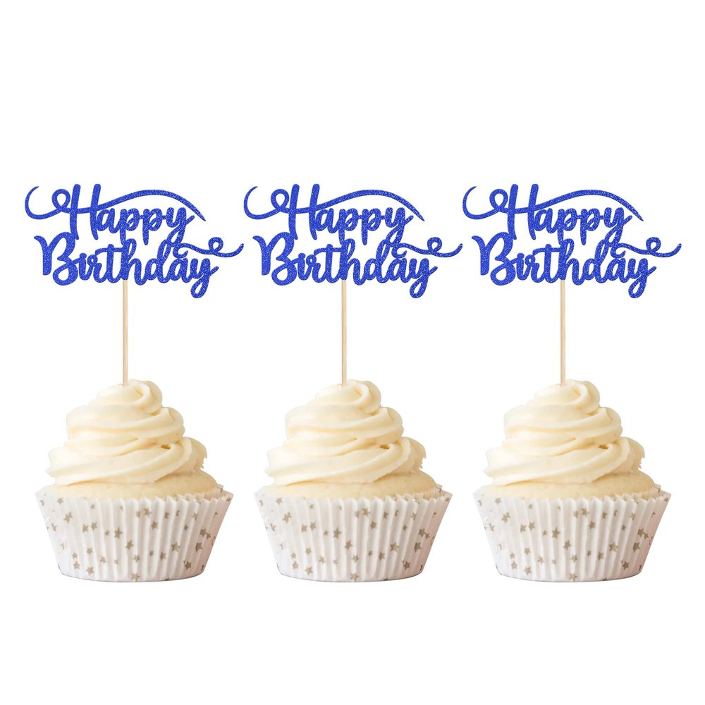 Rsstarxi 24 Pack Happy Birthday Cupcake Toppers - Glitter Food Picks for Celebrating Theme Party Cake Decorations Supplies - Deep Blue
