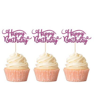 Rsstarxi 24 Pack Happy Birthday Cupcake Toppers Glitter Cupcake Food Picks for Celebrating Theme Party Cake Decorations Supplies Purple