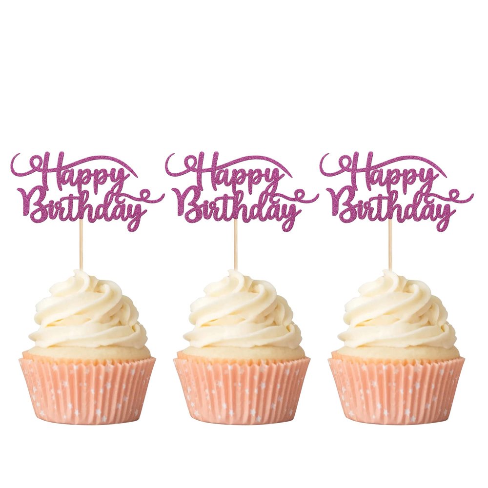 Rsstarxi 24 Pack Happy Birthday Cupcake Toppers Glitter Cupcake Food Picks for Celebrating Theme Party Cake Decorations Supplies Purple