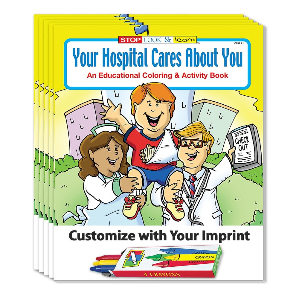 ZOCO Your Hospital Cares About You Custom Coloring & Activity Books for Kids (250 Bulk Pack, with Crayons) Customize with Your Imprint on The Front Cover