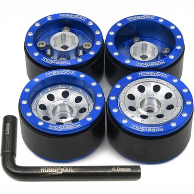 HOBBYSOUL Adjustable Offset 1.0 Beadlock wheels Blue Silver, Heavy RC 1.0 Wheels 7mm Hex Rims For 1/18 Traxxas TRX4M Axial SCX24 Crawler & Other 1/24 1/18 RC Crawler Truck, (4-Pack)