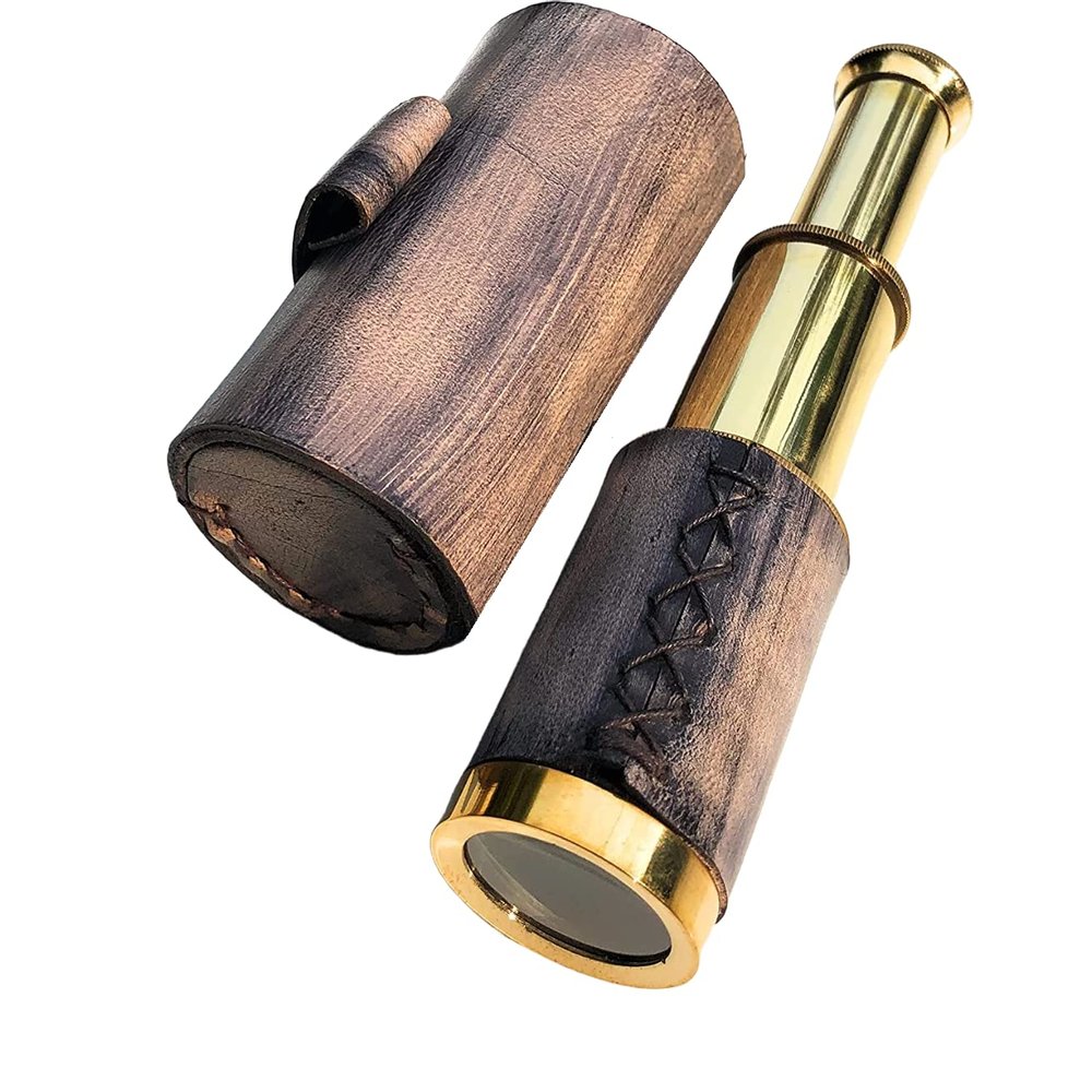 6" Handheld Brass Telescope with Leather Case Nautical Spyglass Telescope Pirate Navigation Gift