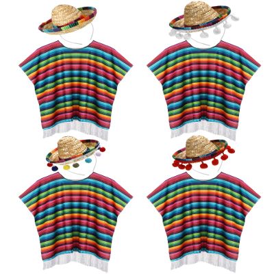 JaGely 8 Pieces Cinco De Mayo Fiesta Serape Poncho and Sombrero Set, 4 Pcs Sombrero Hats with Rainbow Edge 4 Pcs Colorful Poncho Halloween Festive Party Decorations for Fiesta Event