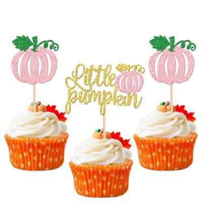 24 PCS Little Pumpkin Cupcake Toppers Glitter Fall Theme Pumpkin Cupcake Picks Thanksgiving Cake Decorations for Pumpkin Theme Baby Shower Kids Birthday Party Cake Decorations Supplies Pink