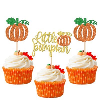 24 PCS Little Pumpkin Cupcake Toppers Glitter Baby Shower Fall Theme Cupcake Picks Pumpkin Cake Decorations for Thanksgiving Halloween Baby Shower Kids Birthday Party Supplies Orange