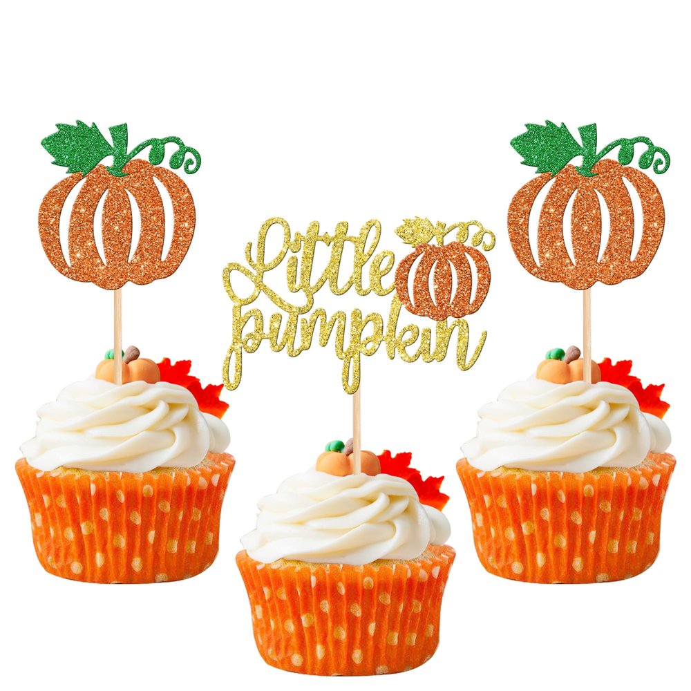 24 PCS Little Pumpkin Cupcake Toppers Glitter Baby Shower Fall Theme Cupcake Picks Pumpkin Cake Decorations for Thanksgiving Halloween Baby Shower Kids Birthday Party Supplies Orange