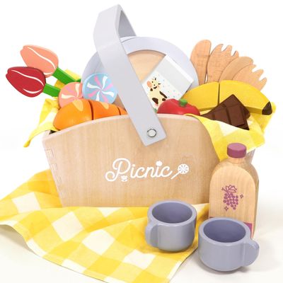 Pillowhale Wooden Picnic Basket Play Food Set 21 PCS Pretend Kids Kitchen Toy with Blanket, Cutting Fruit & Dual Place Settings Imaginative Outdoor Role-Play Gift for Toddlers Ages 3+