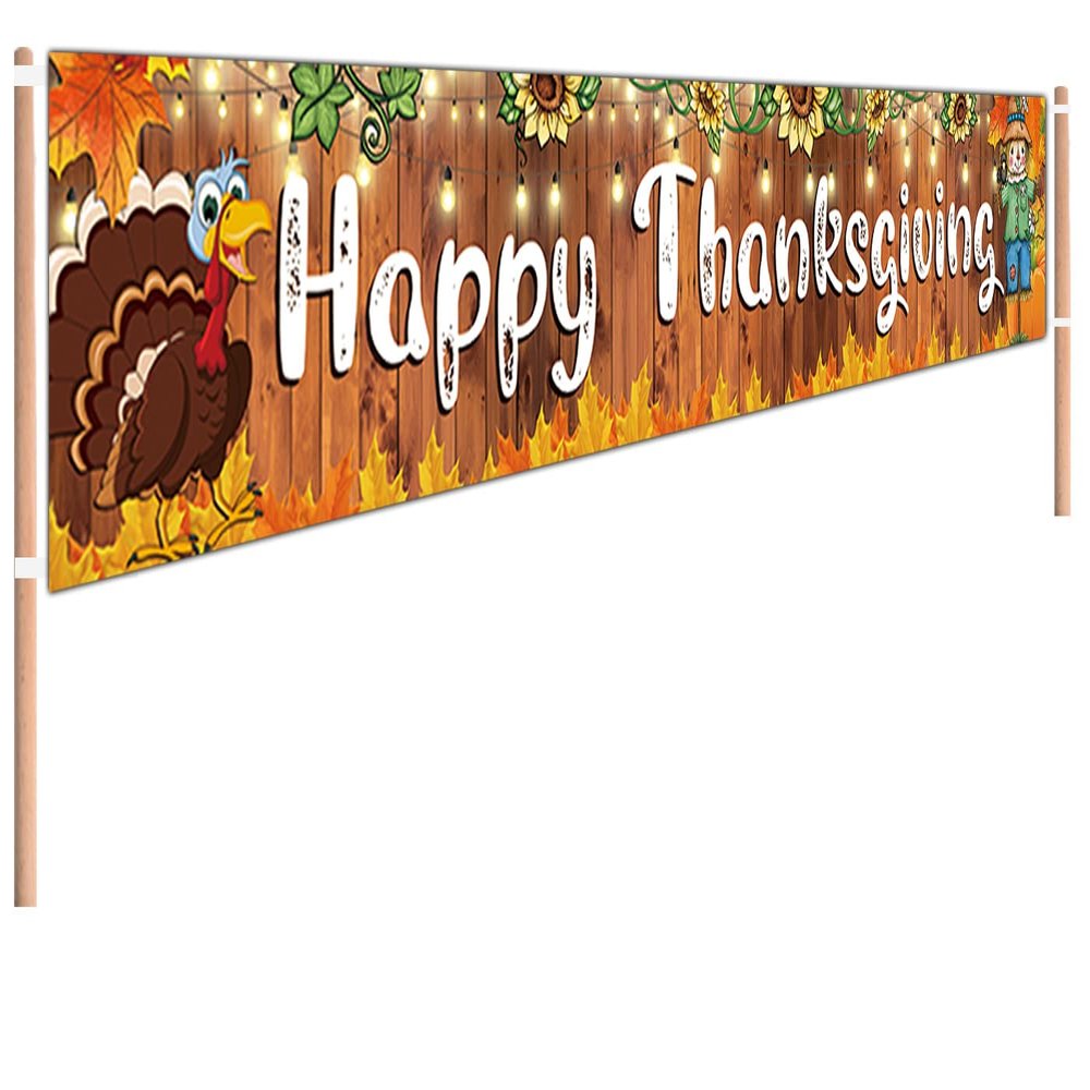 9.8 x 1.6 ft Large Happy Thanksgiving Maple Leaf Turkey Banner - Indoor/Outdoor Decoration